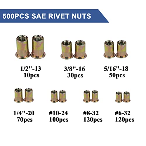 500pcs Kit de porca de rebite, SAE UNC Rivet Nuts Sorteamento 6#-32, 8#-32, 10#-24, 1/4 -20, 5/16 -18, 3/8 -16, 1/2 -13, acabamento banhado a zinco, aço carbono inserir o kit de ferramentas de porca de rebite rosqueadas com estojo