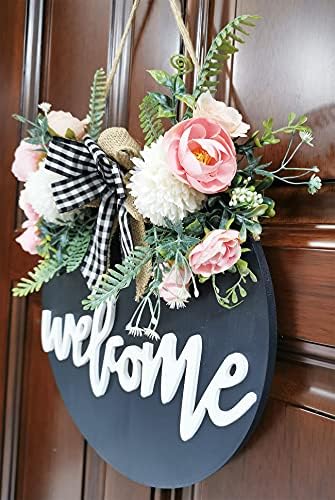Sinal de boas-vindas para a porta da frente, alpendre da fazenda decoração de madeira pendurada signo redondo 12 Black-Floral
