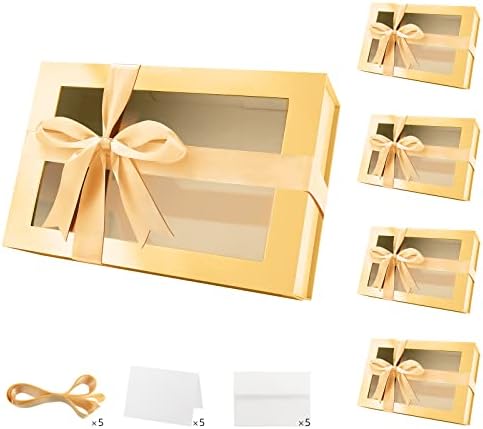 PackQueen 5 grandes caixas de presente com janelas, 13,5x9x4,1 polegadas de ouro caixas de presente para presentes contém