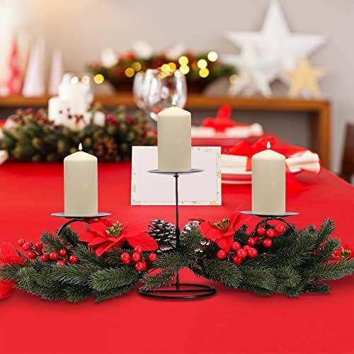 Azalon 26 polegadas de Natal Triple Candelabrum, Poinsettia de mesa de Natal e peça central de mesa de baga vermelha com 3