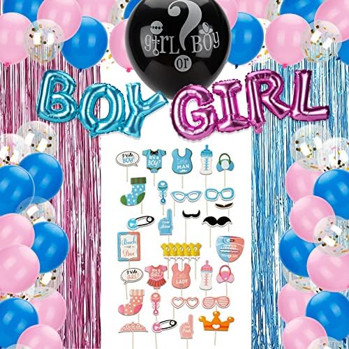 Gênero Revelar decorações, suprimentos de festas de revelação de gênero, kit de balão de revelação de gênero incluem balão de 36 polegadas de gênero, balão azul e rosa, capota de bolo de menina e garoto, garotas e meninos Booth adereços