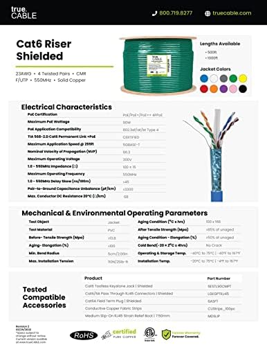 Truecable Cat6 Shielded Riser, 500 pés, verde, 23awg Solid nua cobre, 550mHz, Poe ++, ETL listado, blindagem geral de papel