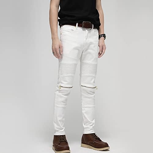 Dgkaxiyahm homens brancos slim fit slim altos elásticos jeans de jeans zíper de moto de bicicleta de jeans reto de jeans retro