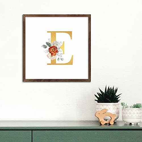 Monogram Gold Glitter Letter inicial e madeira emoldurada Arte da parede Arte Décora Flores personalizadas Monograma Nome Sinais de madeira de madeira antiga Placa de parede Placa para berçário de mesa varanda dianteira 7x7in