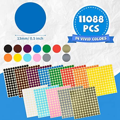 11088 peças 1/2 polegada de coloração redonda adesivo de ponto de círculo, 14 cores variadas rótulos de adesivos círculos,