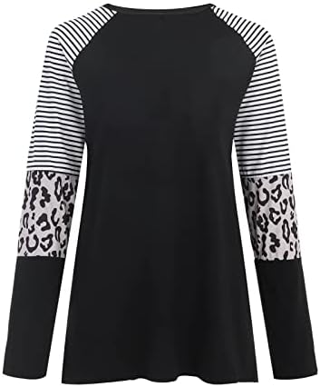 Feliz Natal Feminino Leopardo T-shirt Tops de retalhos de retalhos blocos de túnica de túnica redonda cola de manga longa de manga longa camiseta