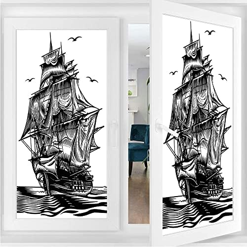Filme de janela adesiva de navios piratas, ilustração de estilo de arte náutica de linha com veleiro vintage em águas exóticas, para