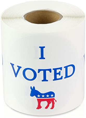 OfficesMartLabels 2.5 Rodada Votei os adesivos de roupas removíveis do democrata - estrelas e listras Donkey Red, White e Blue Adhesive Backed Rótulos - 300 rótulos por rolo