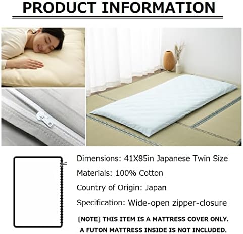 Capa de zíper emoor para colchão de futo japonês Puro Twin/Twin XL Made in Japan algodão, zíper-fechado Tatami Piso Sleeping