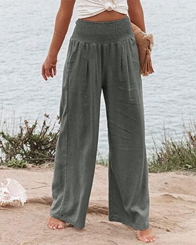 Calças de linho Evzosrz para mulheres de pernas largas calça -calça casual casual de cintura alta palazzo baggy praia
