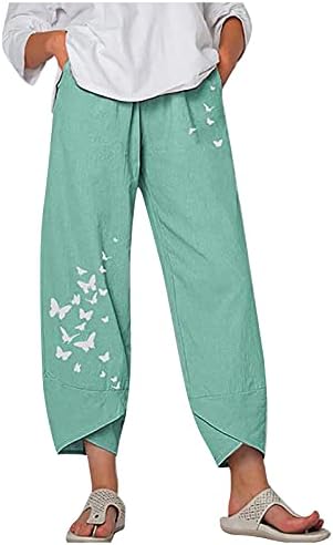 Calças Capri para feminino de linho de algodão Capris Capris Summer Butterfly Floral PRAIA PRAIA ELÁSTICA CALAÇÃO BOLO