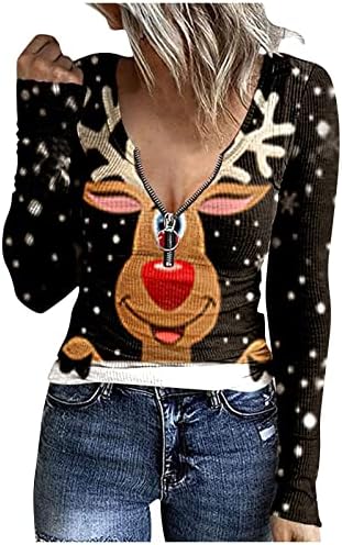 Suéteres femininos para vestir com leggings com zíper em zíper em camiseta de manga comprida de Natal de gola alta 2023