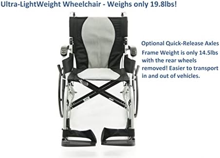 Karman Healthcare Ergonomic Wheelchair Ergo Flight com eixos de liberação rápida no assento de 18 , quadro, prata de