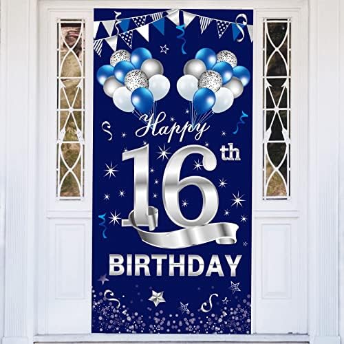 Blue Silver 16th Birthday Door Banner Decorações, Feliz 16 Aniversário Tampa de capa Setor de festas para meninos, Decoração doce