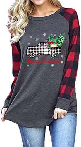 Feliz Natal Camista para Mulheres Baseball Manga Longa Raglan Camiseta Plaid Splicing