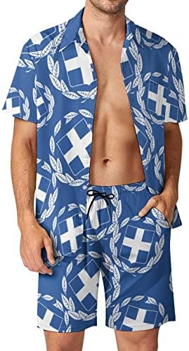 Grécia nacional emblema masculina roupas de 2 peças de praia Button Hawaiian Button Down Sleeve Camisa e ternos de shorts