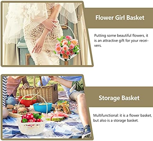 Veemoon White Wicker cesta de casamento de cesto de flores de plástico de casamento, cesta de salgueiro com alça e arco de renda, cestas