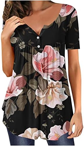 Tops plissados ​​para feminino 2023 Ocultar túnica de túnica floral Flowy Henley Tshirt Botão de manga curta Crewneck