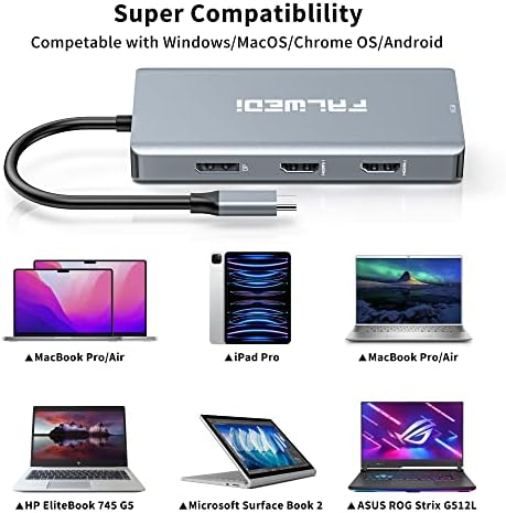 Adaptador USB C a Dual HDMI, 8 em 1 Docking Station Monitor duplo, dongle multiporto de cubo USB C com 2 HDMI, DisplayPort, VGA,