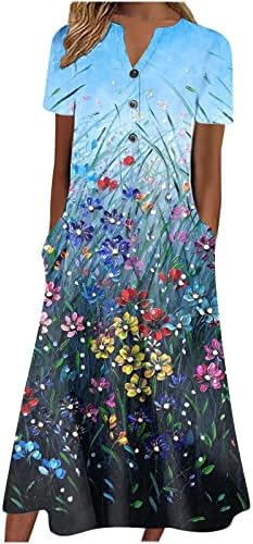 Vestido de estampa floral maxi longa feminina com bolso boho estampa floral manga curta de manga para baixo vestidos