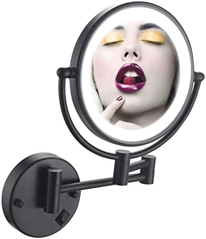 Espelho de maquiagem de montagem na parede com luzes e ampliação de 5x, espelho de maquiagem montado em parede de 8 polegadas