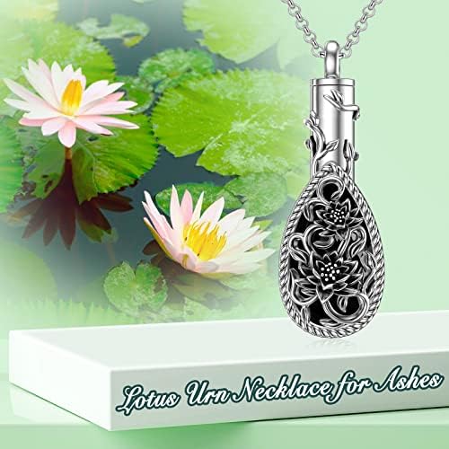 Toupop Lotus Urn Colar para Ashes Sterling Silver Teard Cremation Jóias com cristal preto W/Funil Filler Memorial Jewelry