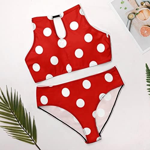 Baikutouan Red and White Polka Dots Women Halter High Neck Bikini Swimwear