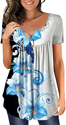 Tops Boho de mulheres mais tamanho 1/4 de botão para baixo de manga curta T Camisetas Verão Summer LODE RETRO FLORAL IMPRESSO Túnicas de pulôver