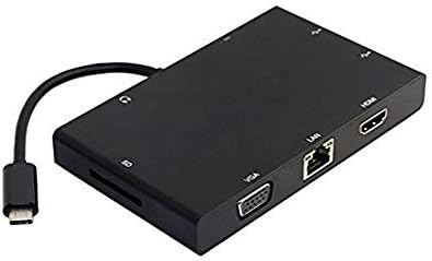 USB-C USB 3.1 Tipo-C para VGA HDMI USB Hub Gigabit Ethernet SD Audio Adaptador feminino para laptop, preto