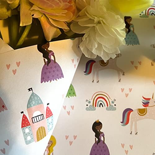 Princesas e Unicorns Girl Birthday Gift Wrap By Revel - Princess embrulhando papel dobrado, 27 x 39 polegadas