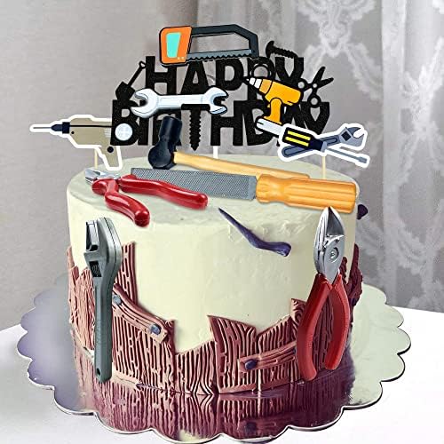 18pcs Tools Bolo Topper Tools Decorações de bolo Caixa de ferramentas Trench Hammer Brill Mechanic Plier Handsaw Fita Medida Centrões de fenda Temática Decoração de festa de feliz aniversário