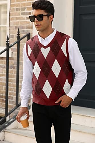 MNCEGEER Mens Argyle Knitwear Vest V Sweater de malha de alpacetas de malhas de malha casual e fino com pescoço
