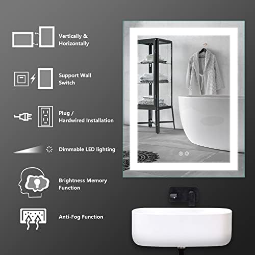 Espelho de banheiro iluminado de 28x36 polegadas SMARTRUN, espelhos de vaidade LED montados na parede com interruptor de toque anti-capa, memória reduzida de memória