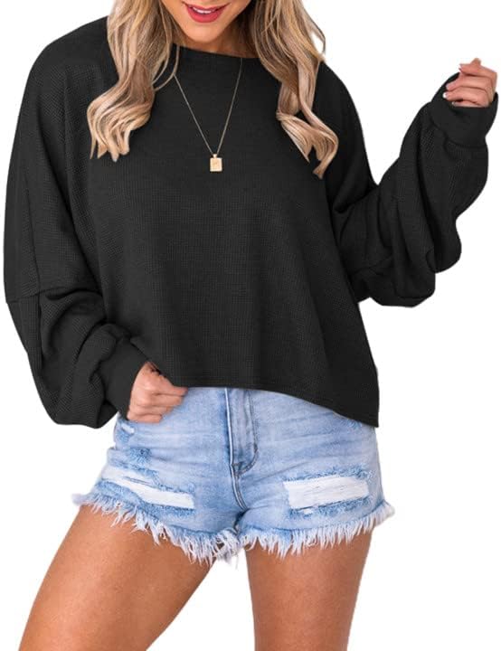 MyHalf Womens Waffle Knit Crew Sweater Balão Balão de Manga Longa Top Casual Cor Solid Grande Pullover S-2xl