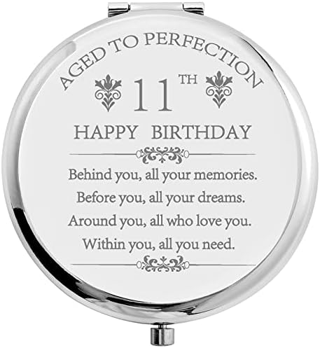 Cofoza 2012 Presentes de aniversário de 11º aniversário para meninas Aço inoxidável Compact Pocket Travel Mapage Mirror 11 anos de inspiração Presente atrás de você todas