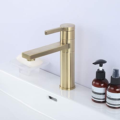 Torneiras de banheiro de torneiras, deck de bronze de ouro escovado orifício único com maçaneta com alça fria e quente tapinha de água