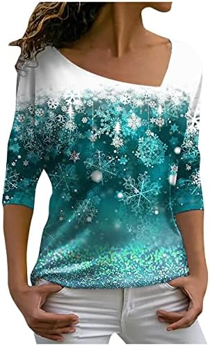 Trebin Christmas Shirts for Women 2022, feminina moda casual impressão de natal lrregular colar lapela