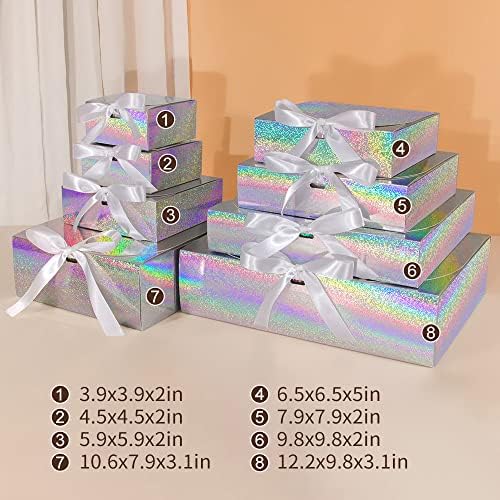 Caixa de presente holográfica de cor, com arcos e fitas, usados ​​para presentes de aniversário, embalagens de artesanato e