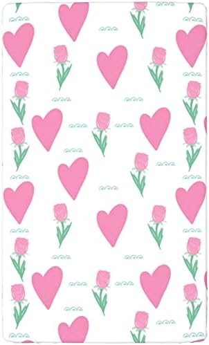 Corações com tema de mini folhas de berço, lençóis de mini berço portáteis Criança de colchão de colchão para meninas meninas, 24 x38, rosa pastel branco