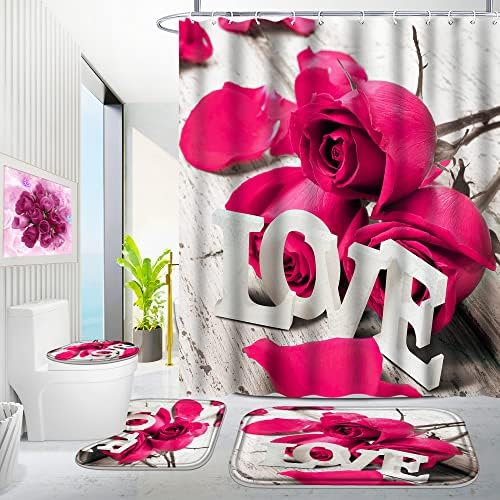 Conjunto de cortina de chuveiro de banheiro poedista 4 pcs, cortina de chuveiro rosa rosa conjuntos de cortinas do dia dos namorados com tapetes e 12 ganchos