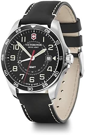 Victorinox Fieldforce GMT Watch com mostrador preto e cinta de couro preto