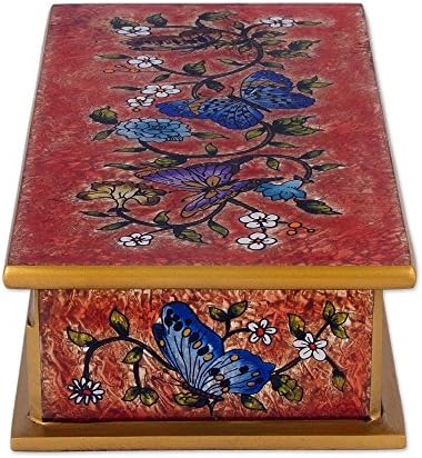 NOVICA Caixa de madeira de vidro decorativo floral, multicoloria, borboletas gloriosas em vermelho '