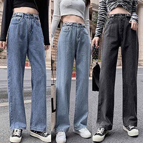 Jeans que femininos quentes, mulheres largas da cintura larga da perna larga de calça jeans de jeans reta calças