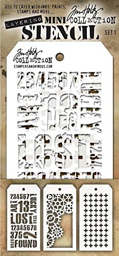 Tim Holtz - Nove mini estênceis de camadas - Industrial, engrenagens, mais, relógio, numerado, crepita, erro de digitação,