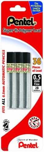 Pentel Graphgear 1000 Lápis mecânicos, cano preto, 1 cada, Cinza metálico & ® Super Hi-Polymer® Leads, 0,5 mm, 2b, 12 leads por tubo,