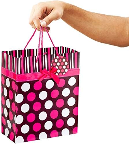 Kicko grande bolsa rosa bolinhas de presente com arcos - 3 pacote - 13 polegadas - Para favores de festas, novas mães, roupas, livros,