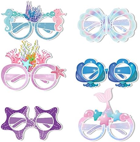 Aderetes da cabine de fotos de sereia ， 12pcs Mermaid Paper Glasses Frames for Mermaid tem temas decorações, 6 estilos