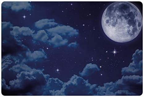Lunarable Night Sky Pet tapete para comida e água, cena de anime de desenhos animados inspirou nuvens lunares da lua cheia e estrelou obras de arte, retângulo de borracha sem deslizamento para cães e gatos, azul escuro e branco