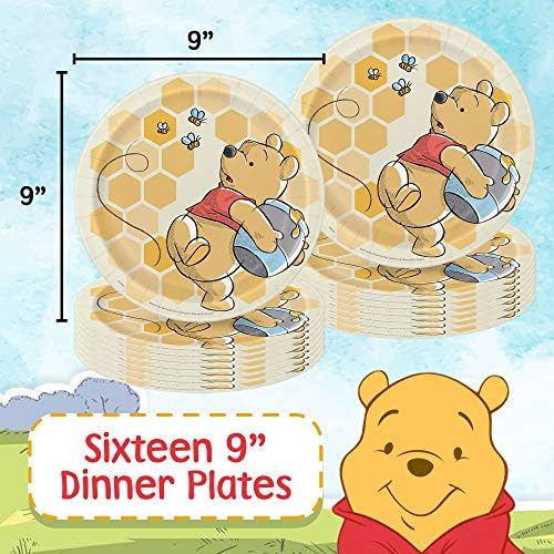 Pacote exclusivo de festas Winnie the Pooh Dinnerware para 16 | Guardanapos de almoço, jantares e sobremesa, capa de mesa,