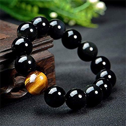 PingyongChang Tiger Eye Black Obsidian Breaded Bracelet Bracelets de pedra natural com uma partida única de 10 mm